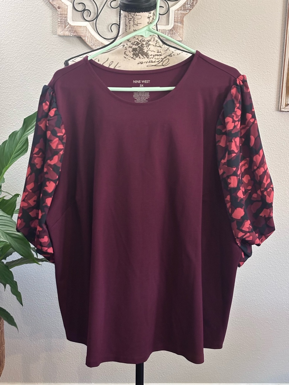 Nine West Burgundy Top with Patterned Puff Sleeves